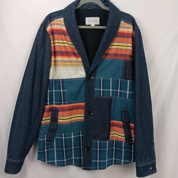 SUN*STONE Men's Southwestern jacket blazer Aztec Tribal Patchwork Denim size L - Picture 2 of 6